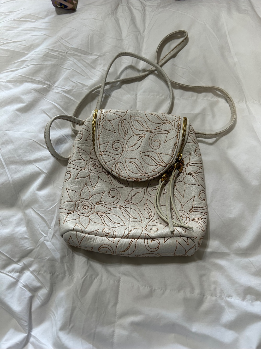 HOBO Cream Floral Embossed Crossbody with Gold Trim